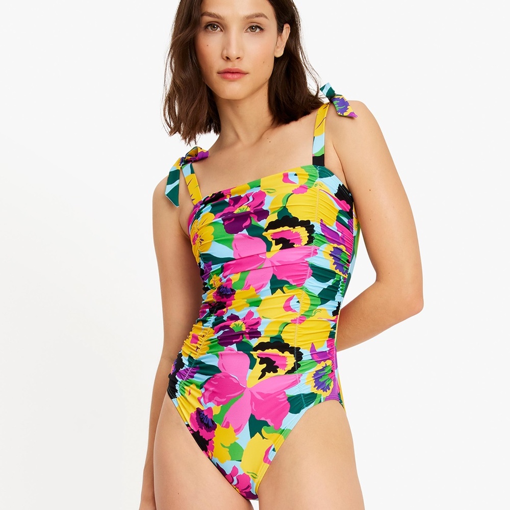 Kate Spade New York Shirred Shoulder Tie One Piece Swimsuit Orchid Bloom NWT
